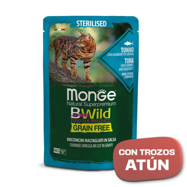 MONGE POUCHES Comida en salsa para gato esterilizado de atún, gambas y verduras – 85gr - Imagen 2