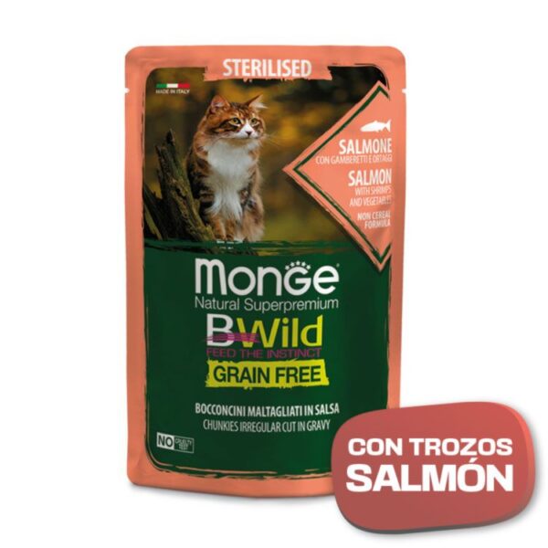 MONGE Comida en salsa para gato esterilizado de salmón, gambas y verduras – 85gr - Imagen 2