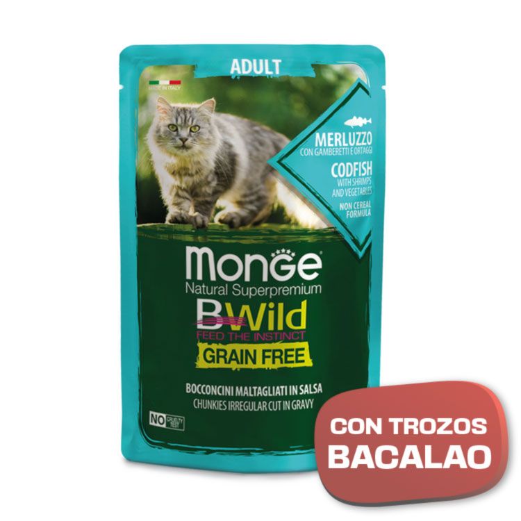 MONGE Comida en salsa para gato adulto de bacalao con gambas y verduras – 85gr - Imagen 2