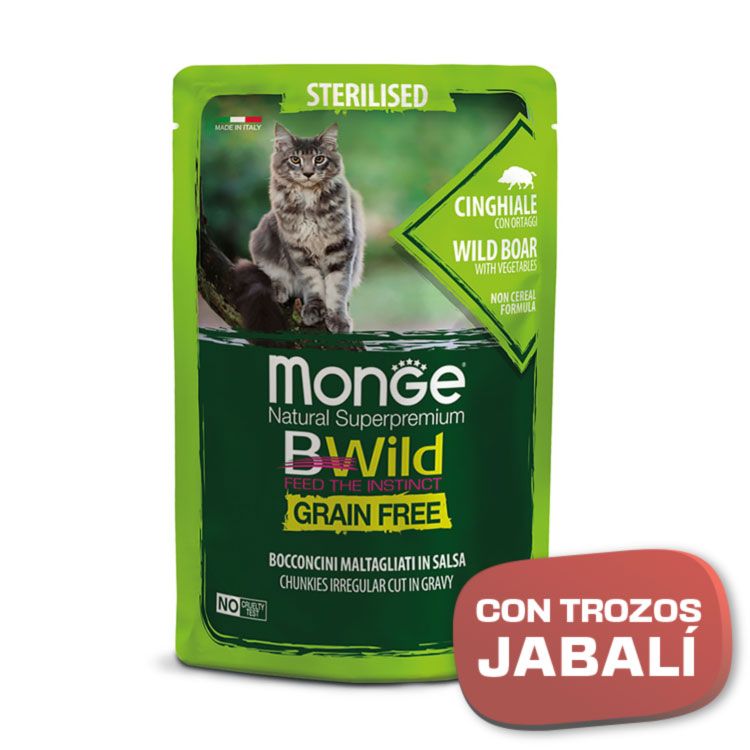 MONGE Comida en salsa para gato esterilizado de jabalí con verduras  85gr - Imagen 2