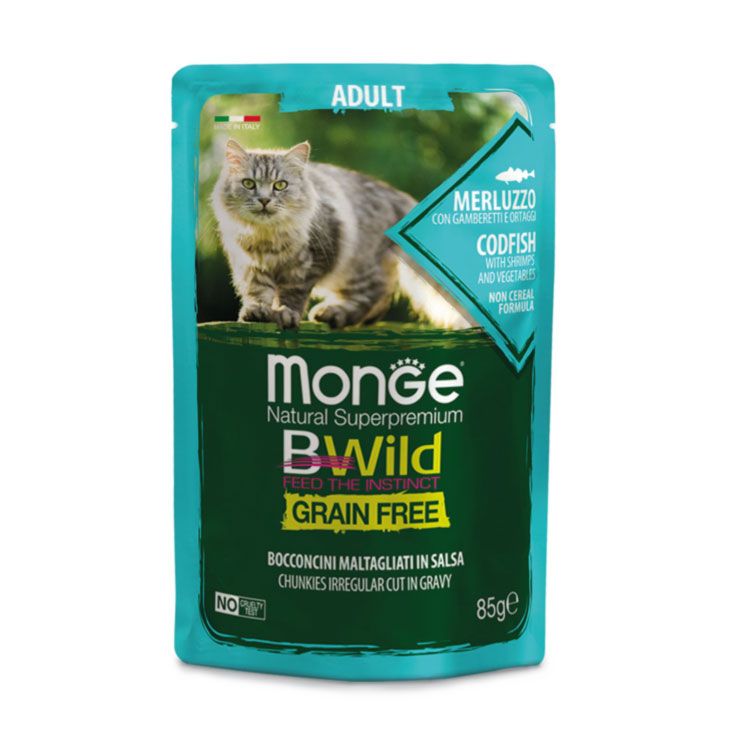 MONGE Comida en salsa para gato adulto de bacalao con gambas y verduras – 85gr