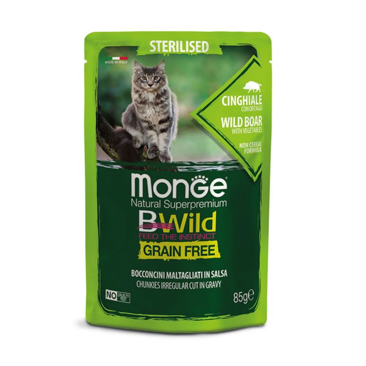 MONGE Comida en salsa para gato esterilizado de jabalí con verduras  85gr