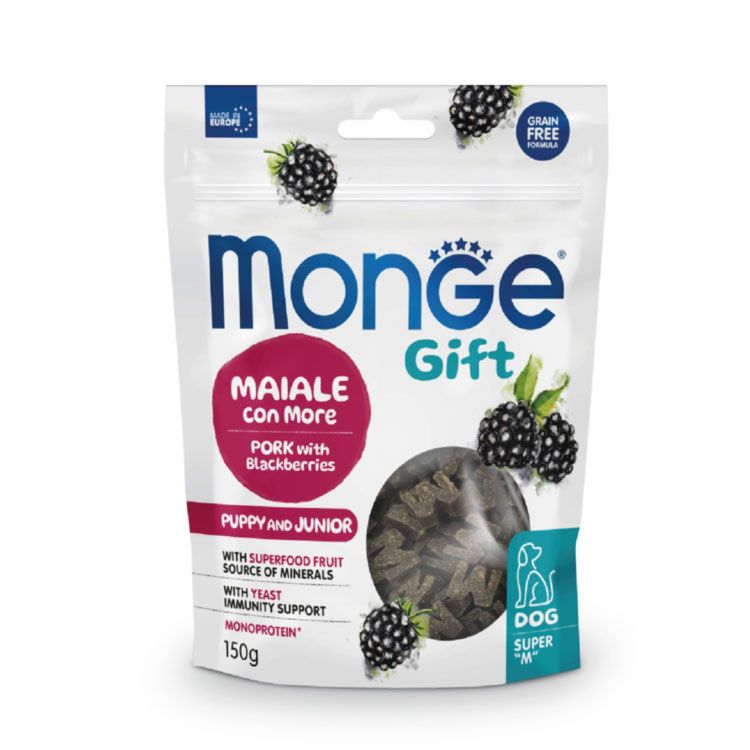 Monge Gift Perro – Snack para cachorro y júnior con cerdo y moras – 150gr