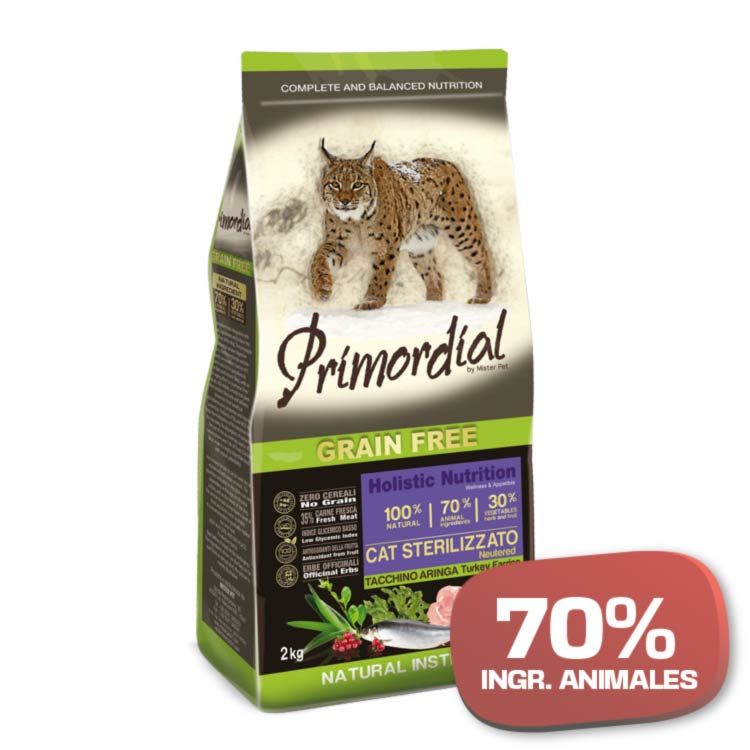 PRIMORDIAL GATO ADULTO ESTERILIZADO GF CON PAVO Y ARENQUE 2kg - Imagen 2
