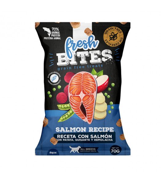 Fresh bites grain free snacks de salmón para perros 70 gr