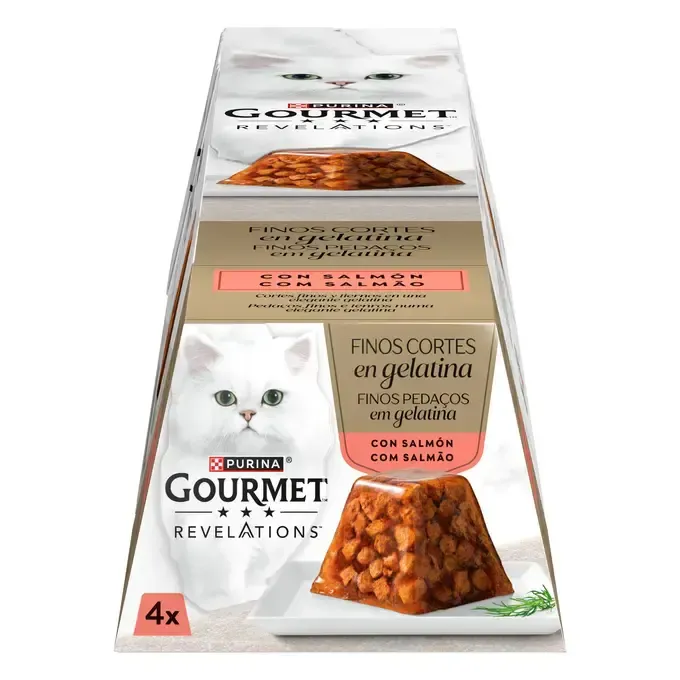 PURINA® GOURMET® Revelations Finos Cortes con Salmón en Gelatina 4x57gr