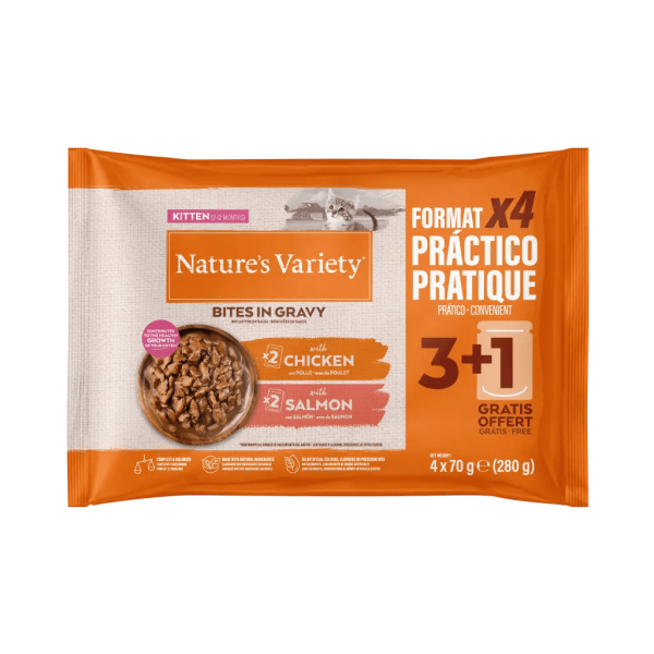 NATURE´S VARIETY Bocados de gatito en salsa con pollo o salmón 4x70gr 3+1 GRATIS