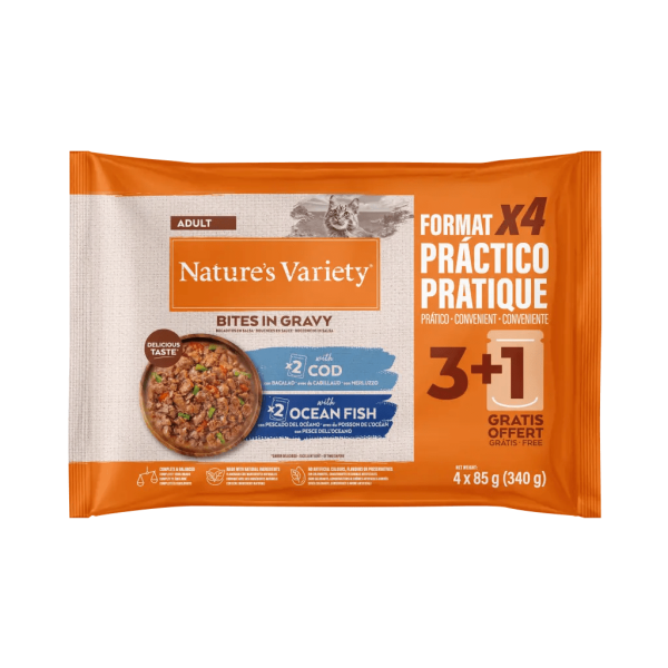 NATURE´S VARIETY Bocados en salsa con bacalao o pez de mar 4x70gr 3+1 GRATIS