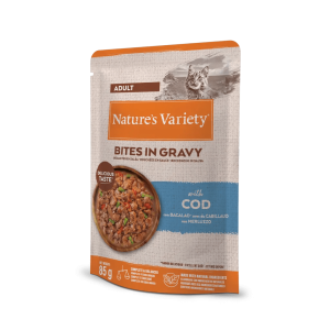 NATURE´S VARIETY BOCADITOS HÚMEDOS PARA GATOS EN SALSA CON BACALAO 85gr