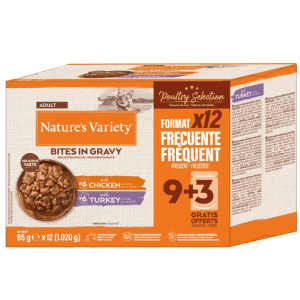 NATURE´S VARIETY BOCADITOS HÚMEDOS PARA GATOS EN SALSA Pollo y Pavo 85gr X12 9+3 GRATIS