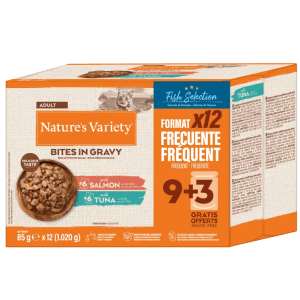 NATURE´S VARIETY BOCADITOS HÚMEDOS PARA GATOS EN SALSA Salmón y Pescado 85gr X12 9+3 GRATIS