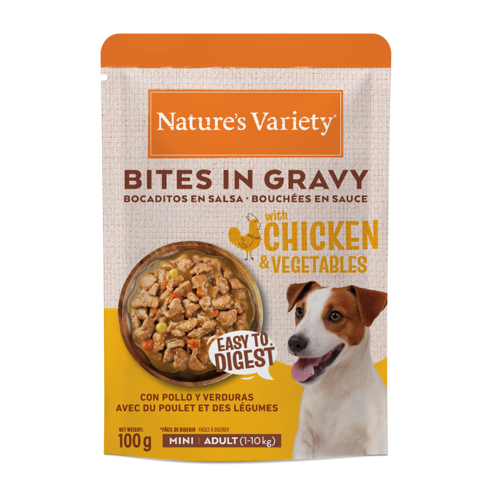 NATURE´S VARIETY DOG BOCADITOS EN SALSA CON POLLO Y VERDURAS 100GR