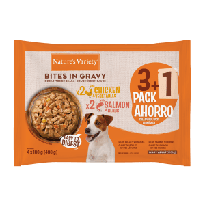 NATURE´S VARIETY DOG BOCADITOS EN SALSA, POLLO Y SALMÓN FLOWPACK 3+1 4x100gr