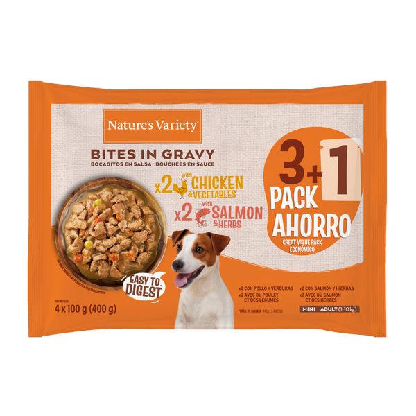 NATURE´S VARIETY DOG BOCADITOS EN SALSA, POLLO Y SALMÓN FLOWPACK 3+1 4x100gr